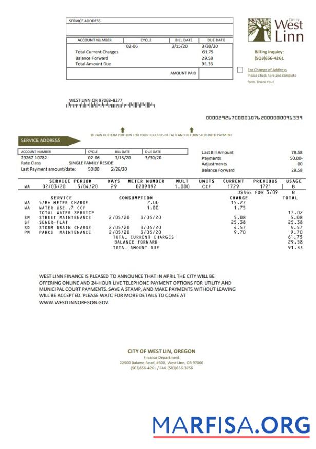 Realistic USA Oregon City of West Linn utility bill template in Word and PDF format